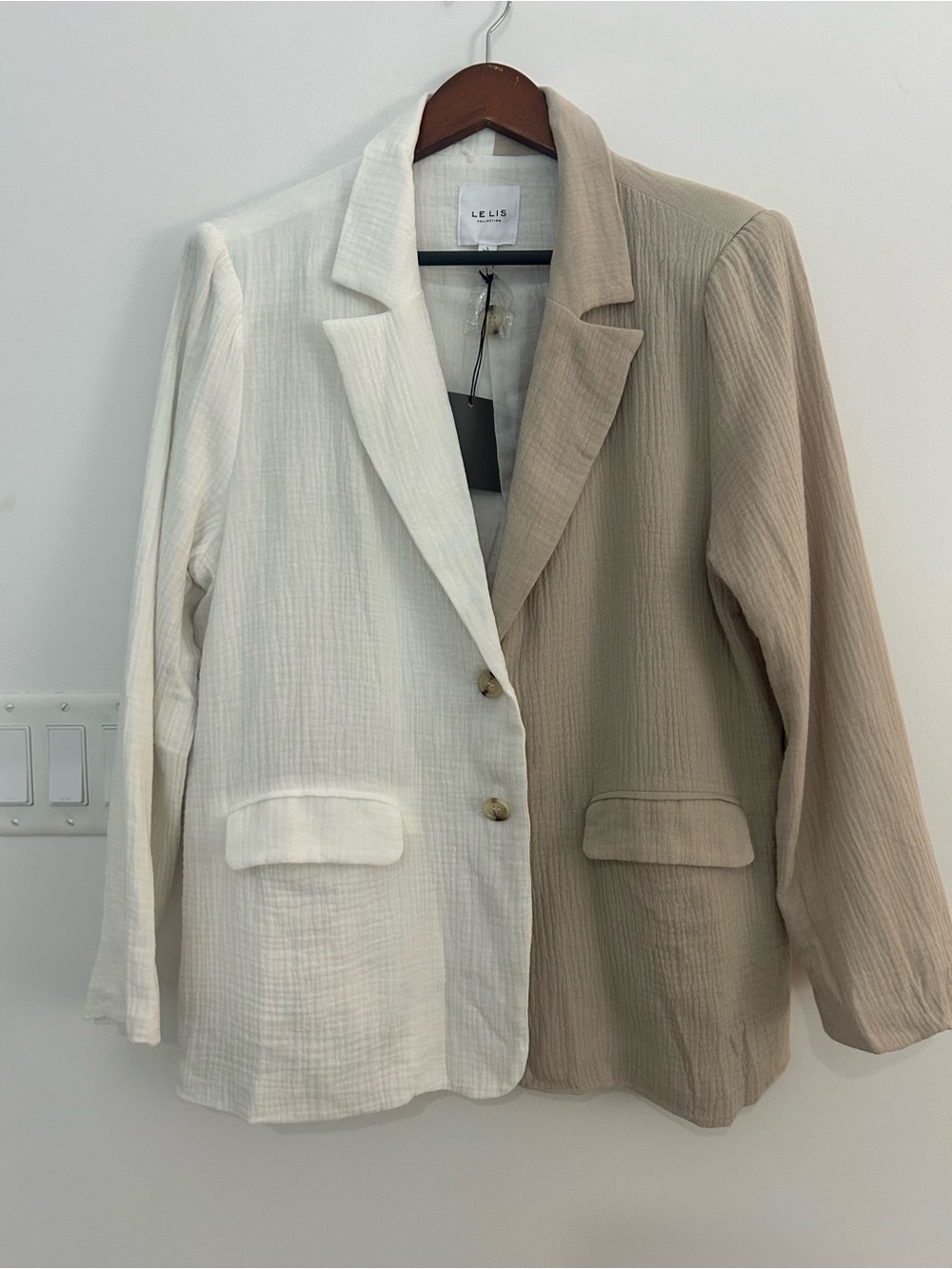 Le Lis Women’s L Blazer NWT 100% Cotton Gauze Colorblock Cream Beige Jacket